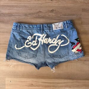 Ed Hardy Love Eternal Denim Cutoff Shorts Size 30 Y2K Revival Festival Tattoo